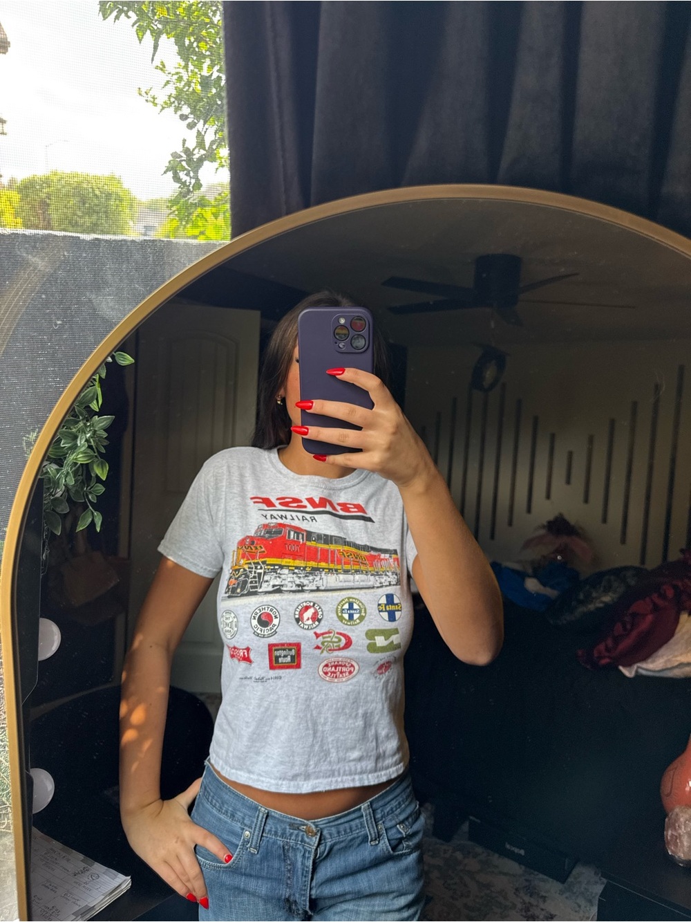 Gray Short Sleeve Graphic Tee with Train Motif